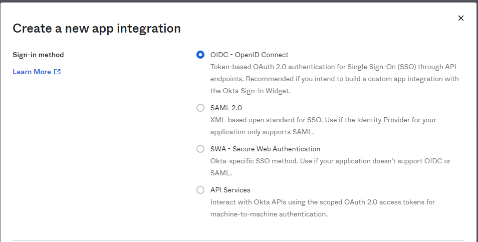 Okta new application OIDC integration