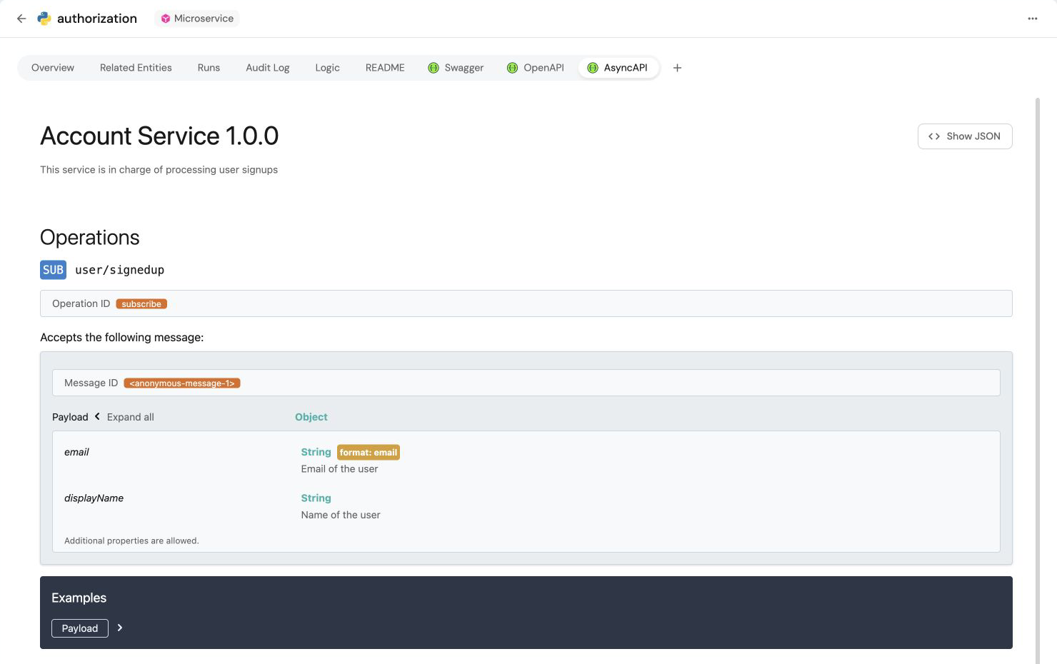 Account Service specification rendered in the entity AsyncAPI tab with user signup payload details