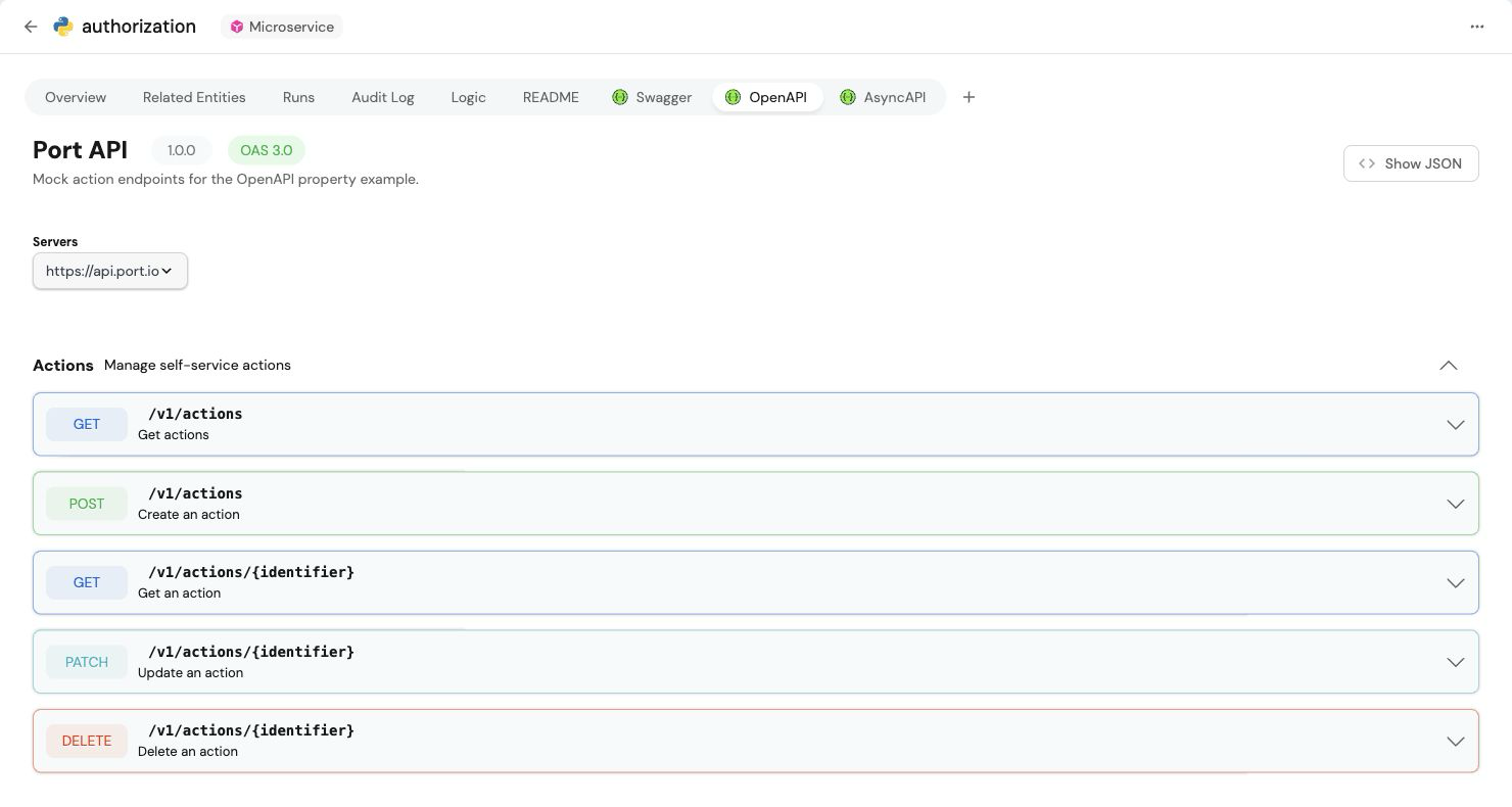Mock Port API specification rendered in the entity OpenAPI tab with action endpoints