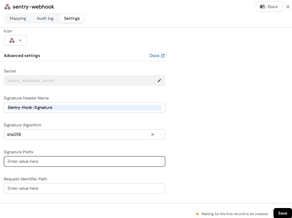 Webhook signature settings