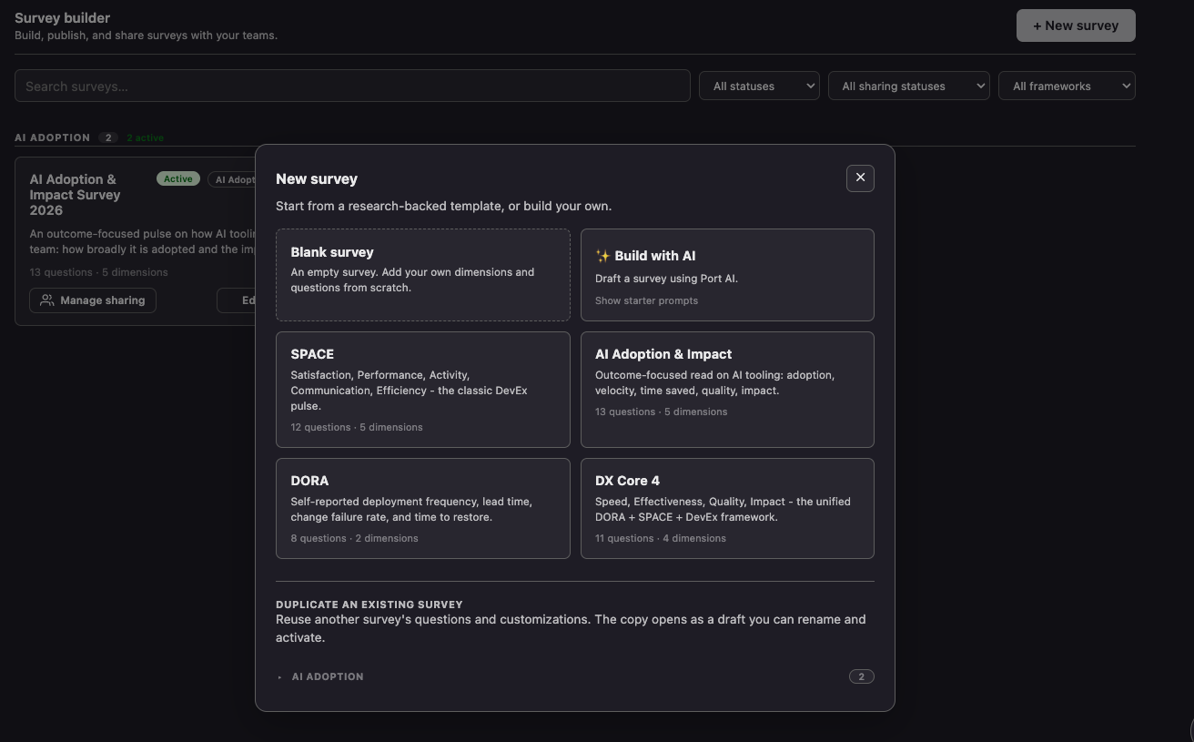 The Survey Builder plugin, with the new-survey template picker open