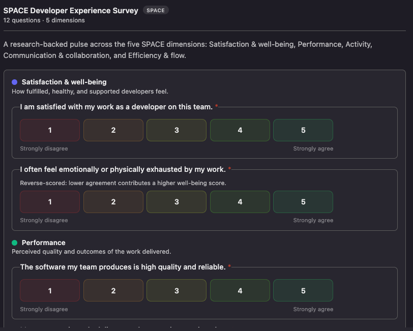 The Survey Forms respondent form: a SPACE survey with likert questions grouped by dimension