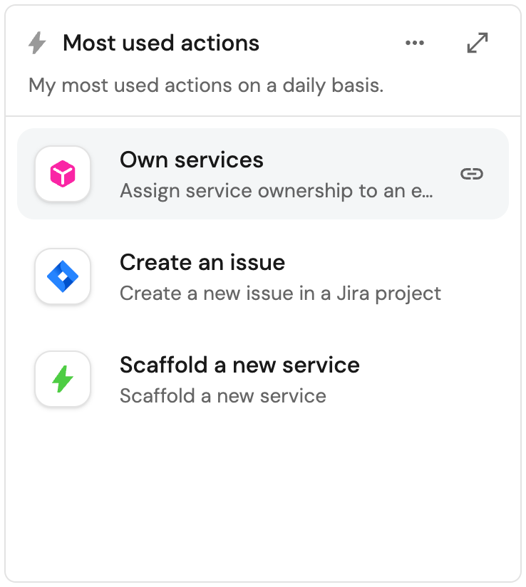 Action card listing Own services, Create an issue, and Scaffold a new service