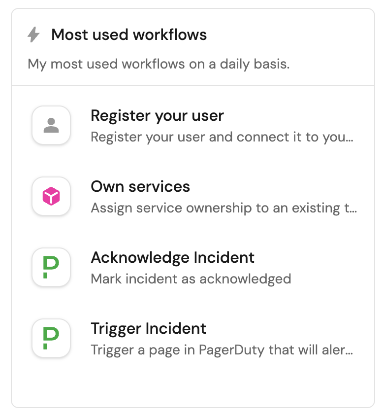 Workflow card listing Register your user, Own services, Acknowledge Incident, and Trigger Incident